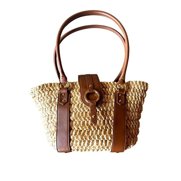 Etienne Aigner Corn Husk Woven Tote Bag Brown Leather Trim Retro Summer Chic - Picture 2 of 13
